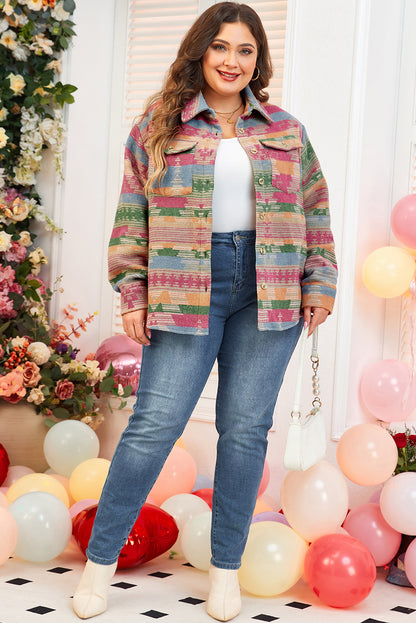 Pink Plus Size Aztec Printed Flap Pocket Shacket