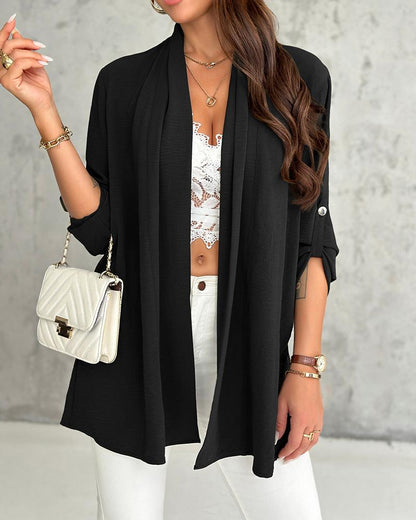 Roll Up Sleeve Open Front Coat Cardigan Top