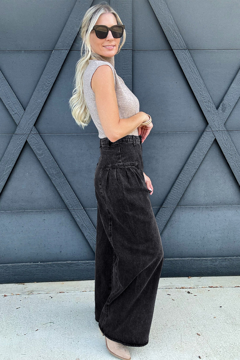 Dark Grey Pleated Wide Leg Mineral Wash Denim Pants