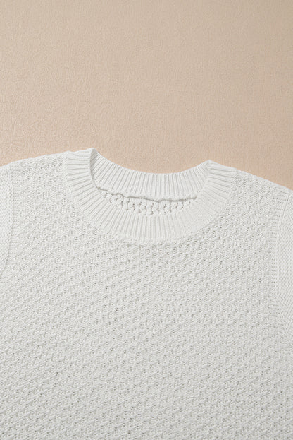 White Solid Color Eyelet Knit Crew Neck Sweater Vest