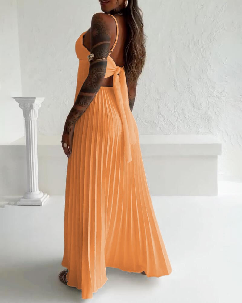 Bandeau Sleeveless Pleated Dress Elegant Flowy A Line Maxi Dress