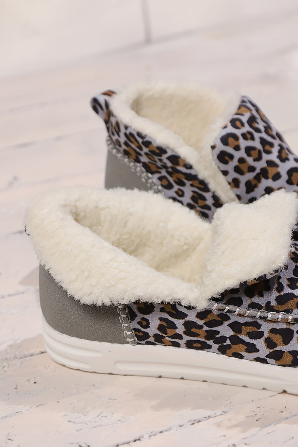 Dark Grey Leopard Print Ankle Patched Flat Winter Fur Boots