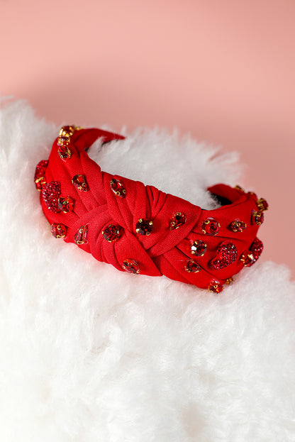 Fiery Red Rhinestone Heart Glass Drill Studded Knotted Wide Headband