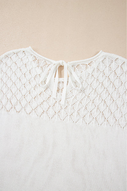 White Eyelet Knit Tied Back Short Sleeve Sweater