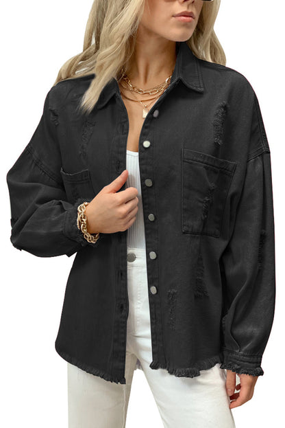 Black Distressed Fringe Trim Denim Jacket