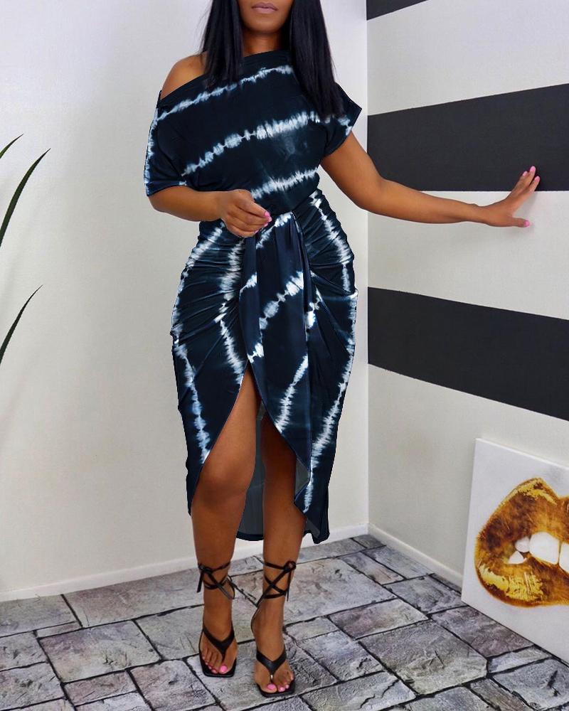 Tie Dye Print Ruched Slit Casual Dress