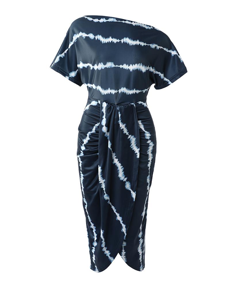 Tie Dye Print Ruched Slit Casual Dress