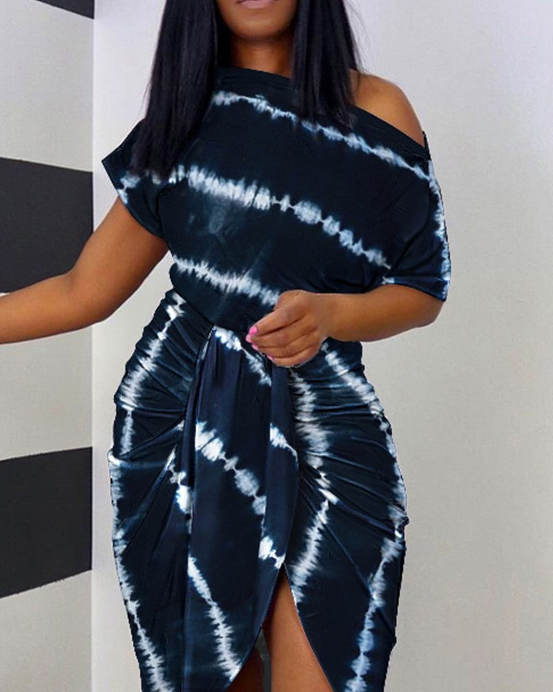 Tie Dye Print Ruched Slit Casual Dress