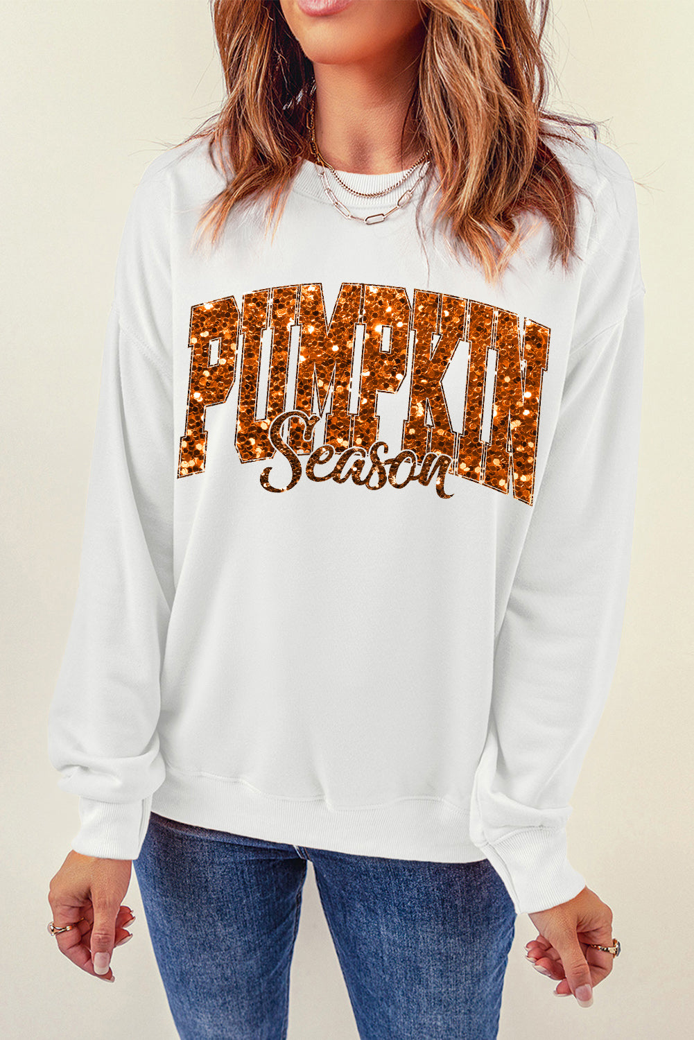 Beige Heat-transfer PUMPKIN Season Printed Crewneck Thanksgiving Sweatshirt