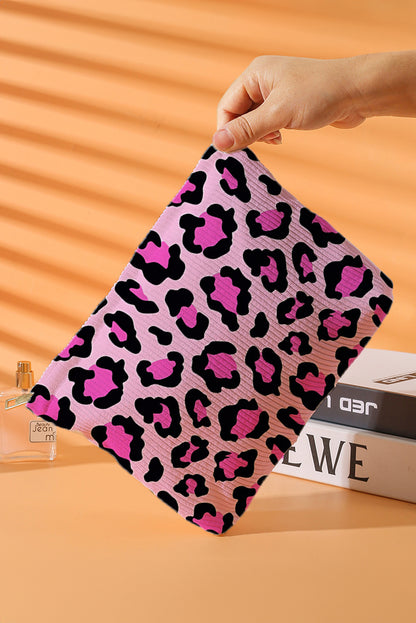 Bright Pink Leopard Print Corduroy Zipped Makeup Storage Bag