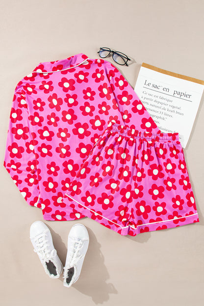 Pink Flower Print Long Sleeve Shirt Shorts Pajamas Set