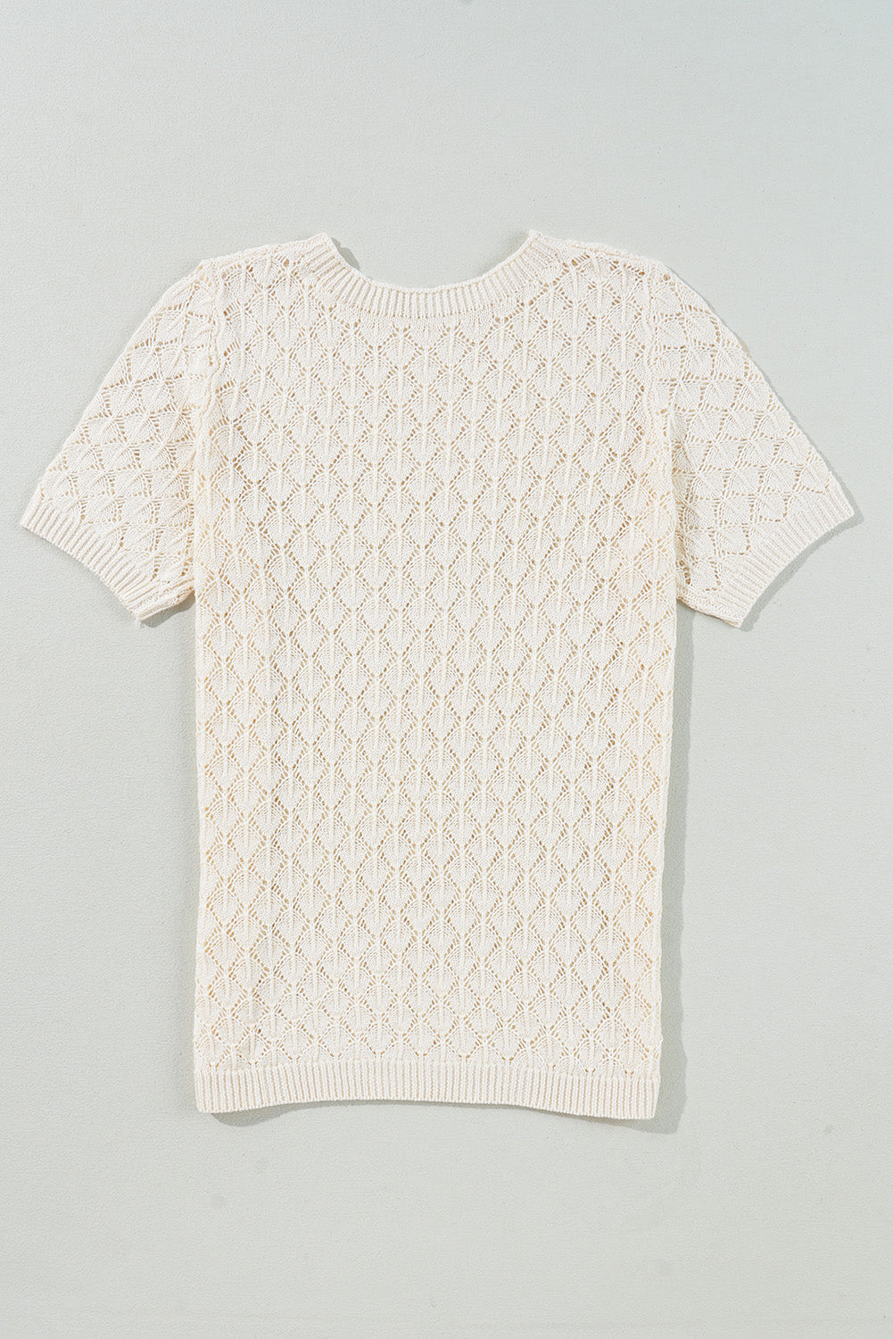 Beige Hollow Out Crochet O Neck Short Sleeve Sweater Tee