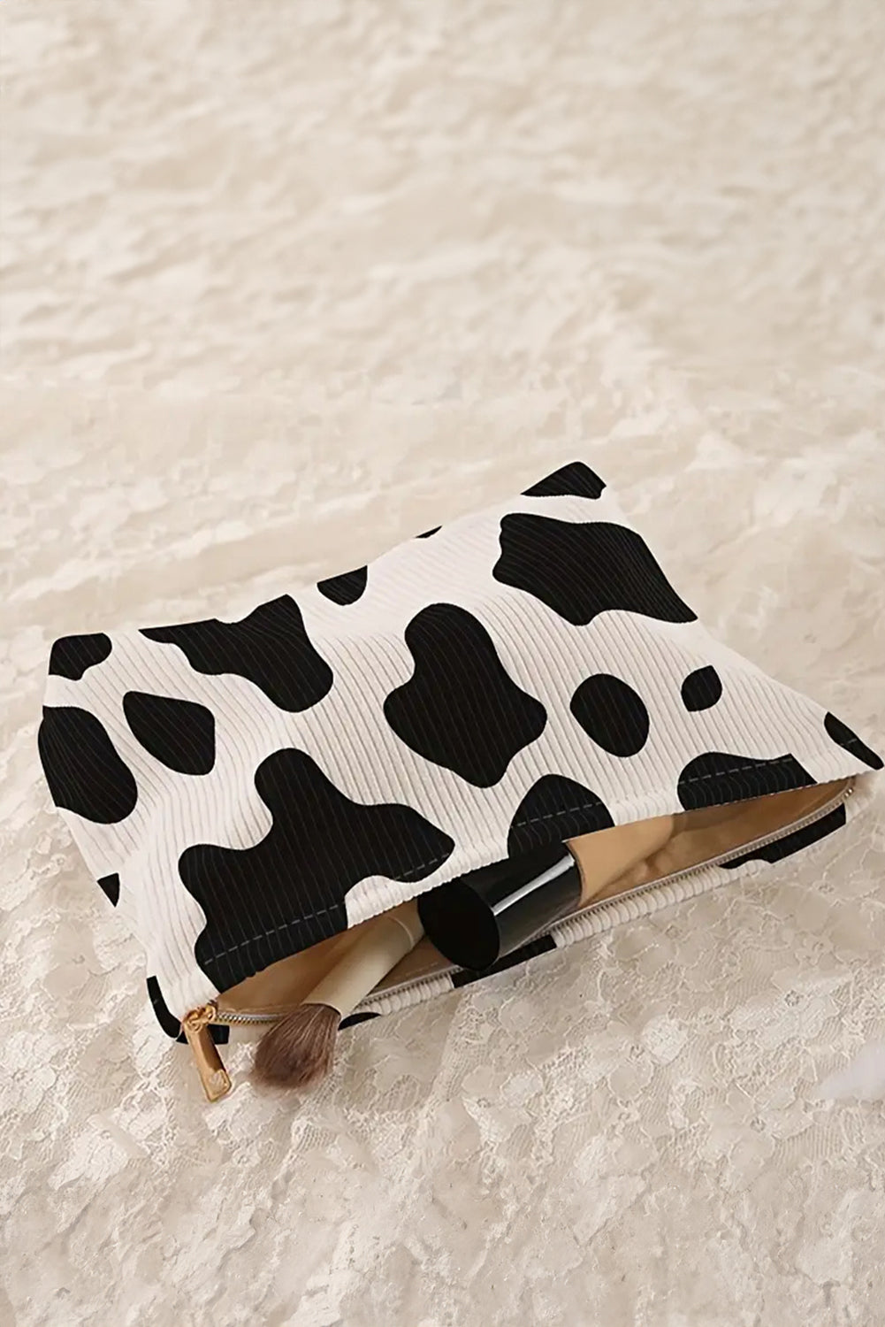 White Cow Print Corduroy Large Cosmetic Storage Bag