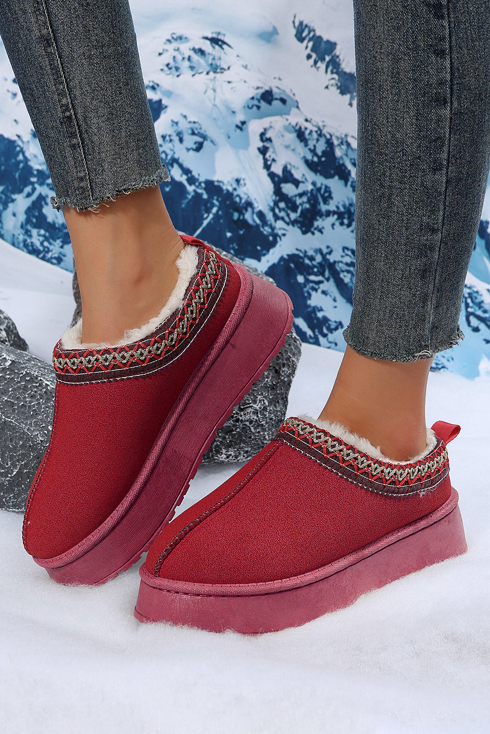 Fiery Red Contrast Print Suede Plush Lined Snow Boots