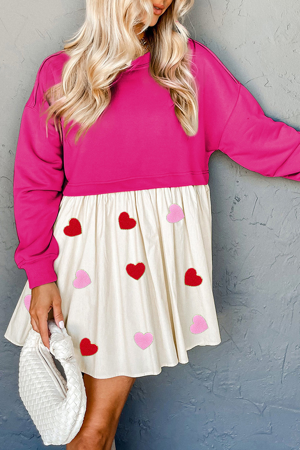 Rose Red Chenille Heart Graphic Patchwork Hem Mini Sweatshirt Dress