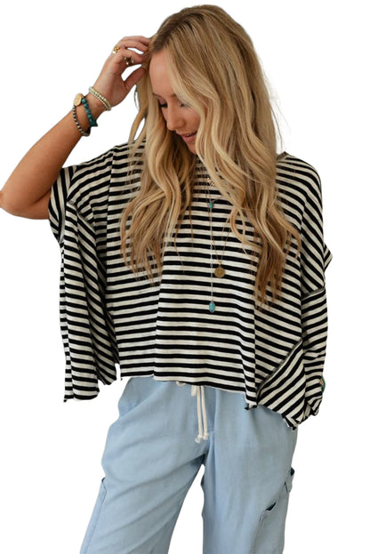 Black Stripe Batwing Sleeve Crewneck Oversized Top