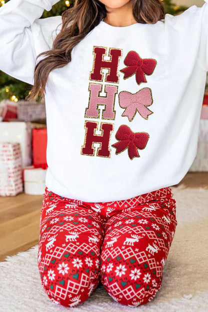 White Chenille HO HO HO Bow Patched Graphic Christmas Sweatshirt