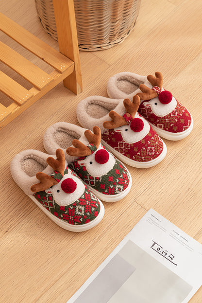 Fiery Red Christmas Cartoon Reindeer Plush Home Slippers