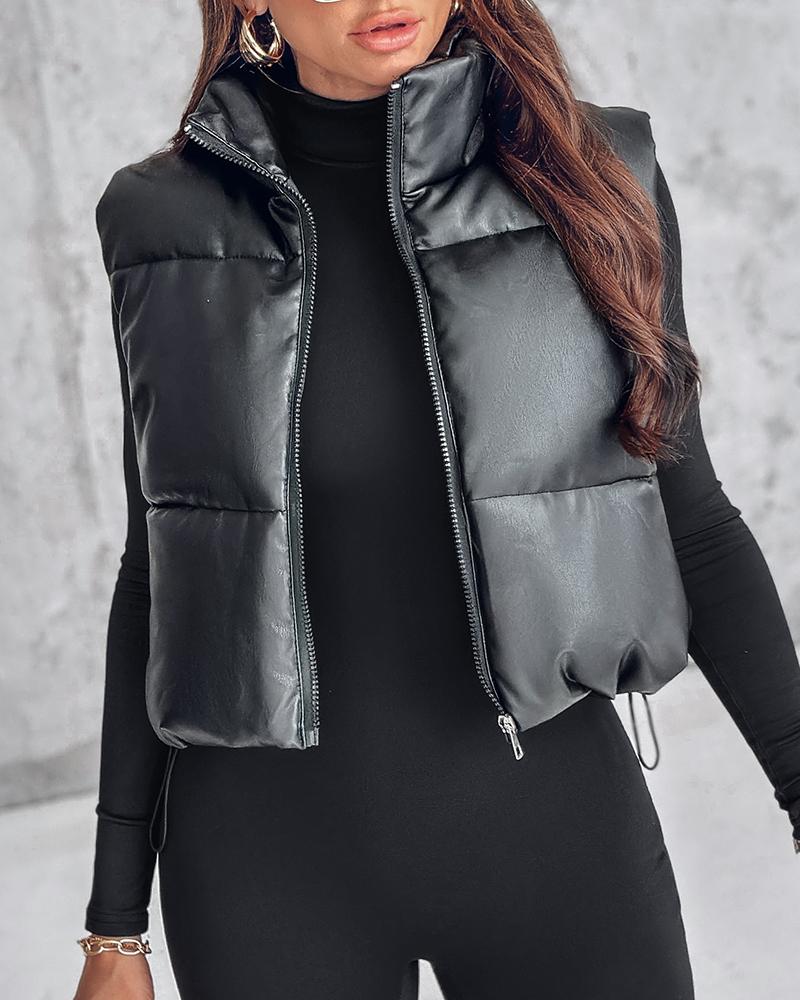 PU Leather Stand Collar Zip Up Pocket Design Vest Puffer Coat