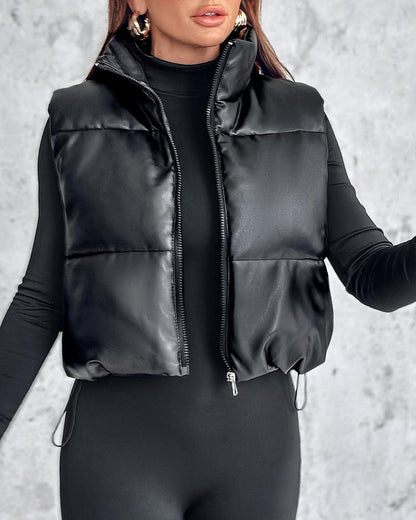 PU Leather Stand Collar Zip Up Pocket Design Vest Puffer Coat