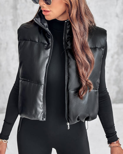 PU Leather Stand Collar Zip Up Pocket Design Vest Puffer Coat