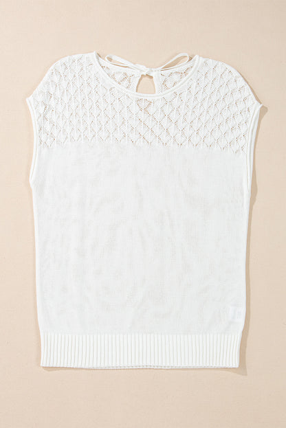 White Eyelet Knit Tied Back Short Sleeve Sweater