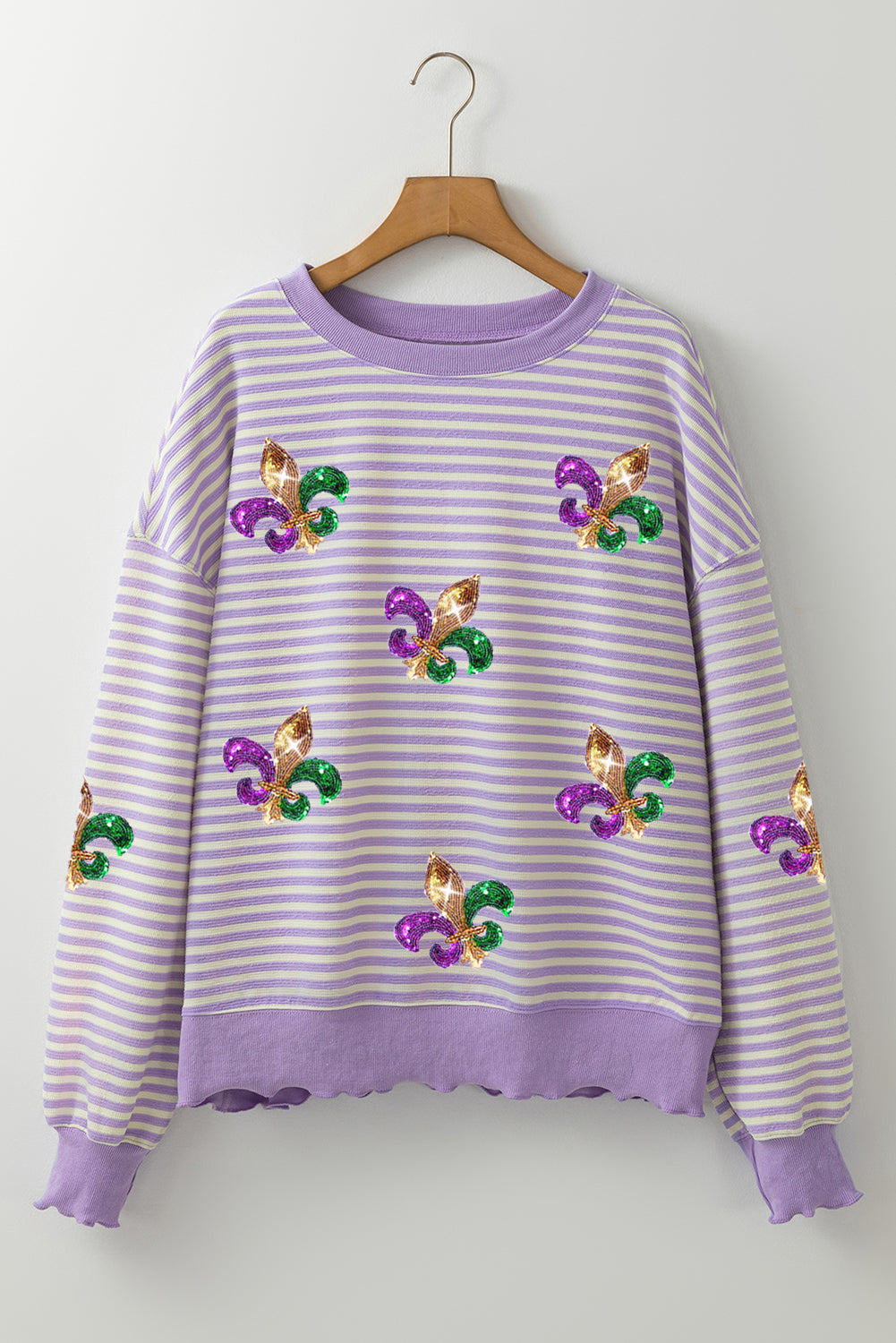 Purple Stripe Sequin Fleur de Lis Patched Pattern Long Sleeve Top