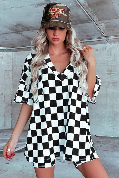 Black Checkerboard Print V Neck Loose Tee and Shorts Lounge Set