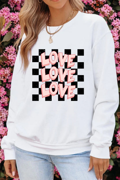 White Checkerboard LOVE Printed Round Neck Valentines Sweatshirt