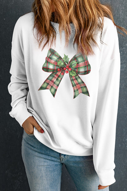 Beige Holly Plaid Bow Graphic Christmas Themed Sweatshirt