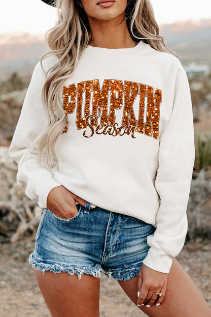 Beige Heat-transfer PUMPKIN Season Printed Crewneck Thanksgiving Sweatshirt