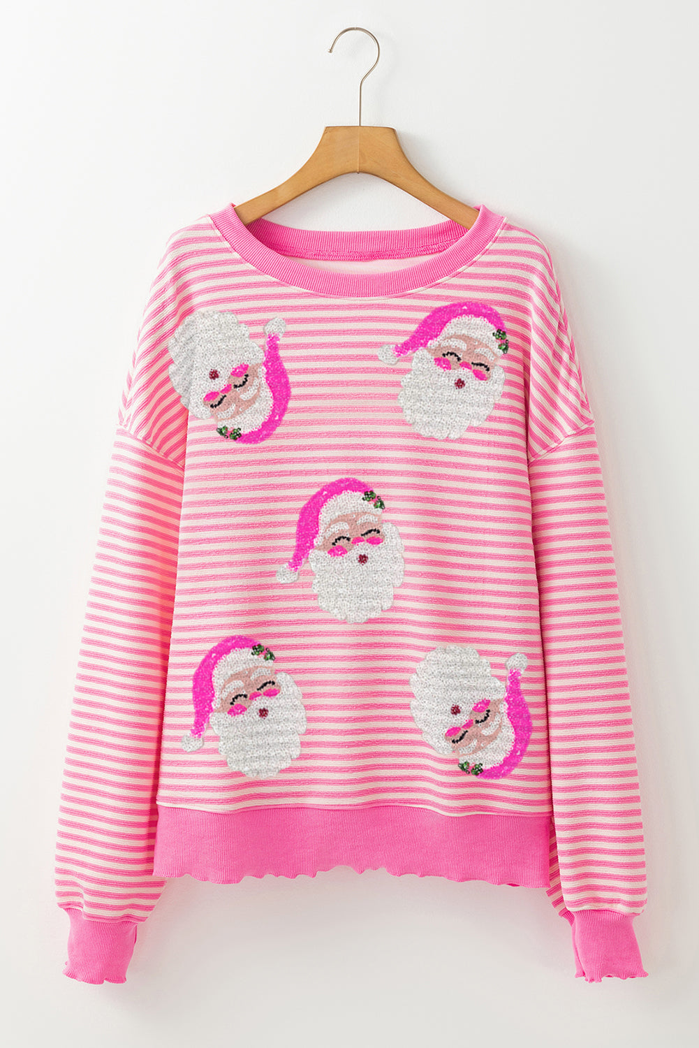 Pink Stripe Santa Clause Print Drop Shoulder Long Sleeve Loose Top