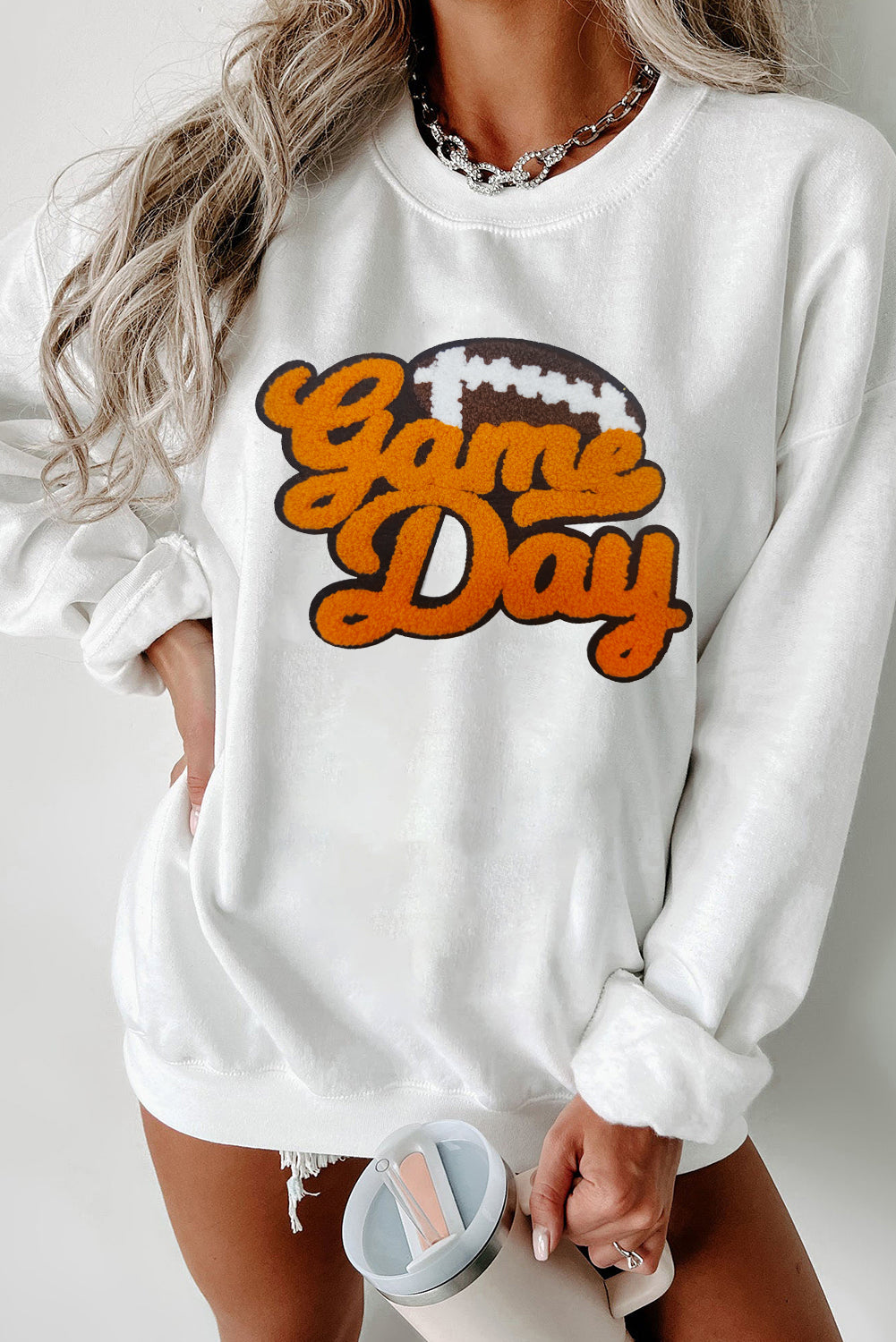 White Chenille Game Day Rugby Football Pattern Pullover Sweatshirt