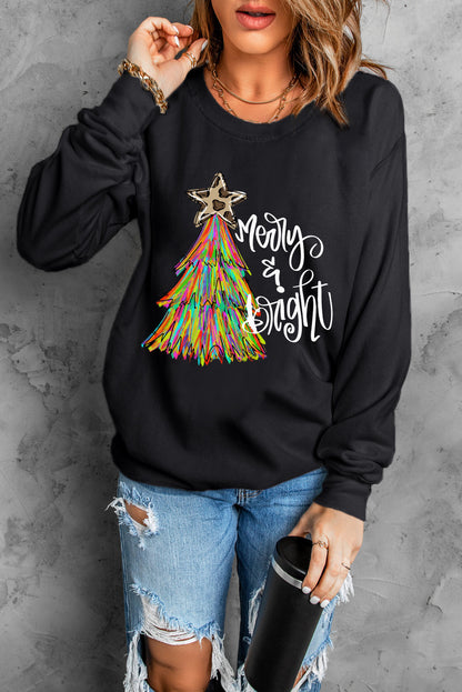 Black Merry & Bright Christmas Tree Graphic Sweatshirt