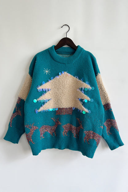 Peacock Blue Sequin Fuzzy Christmas Tree Tinsel Elk Drop Shoulder Sweater