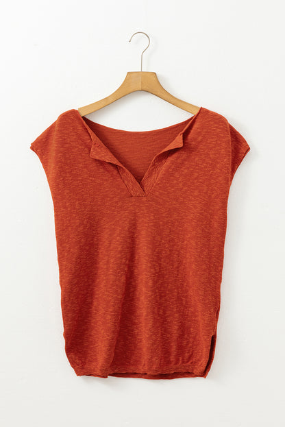 Orange Solid Color Split V Neck Short Sleeve Sweater