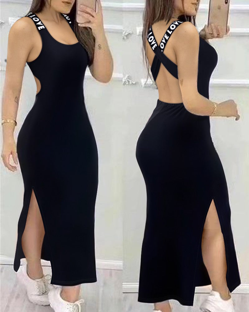 Love Print Crisscross Backless Slit Casual Dress