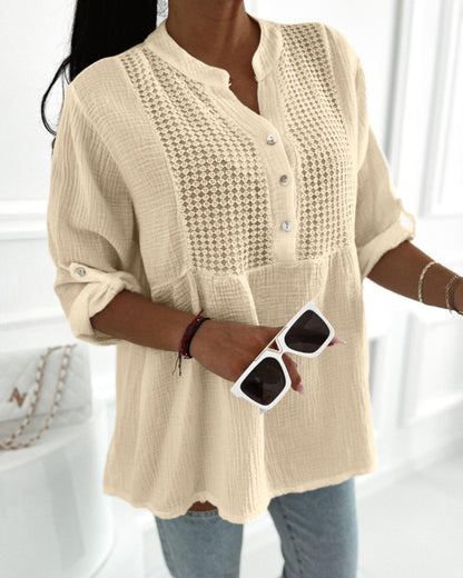 Roll Up Sleeve Hollow Out Shirt Button Front Casual Blouse Top