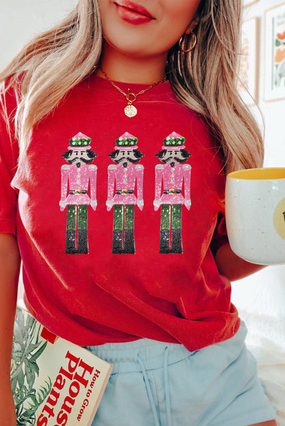 Red Sequined Christmas Nutcracker Pattern Crew Neck Graphic Tee