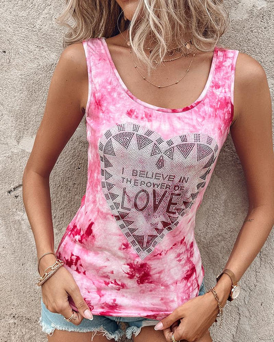 Tie Dye Print Heart letter Rhinestone Tank Top