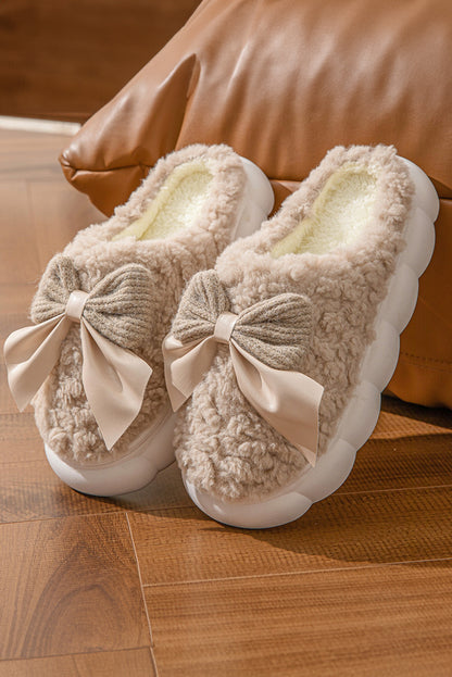 Camel Contrast Bowknot Applique Plush Winter Slippers (Bow Colors May Differ by Batch)