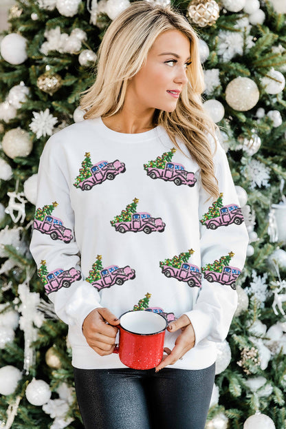 Beige A Truck of Christmas Tree Christmas Fashion Graphic Sweatshirt