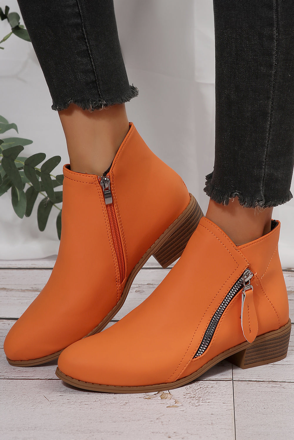 Orange Faux Leather Double Zip Low Heel Ankle Boots