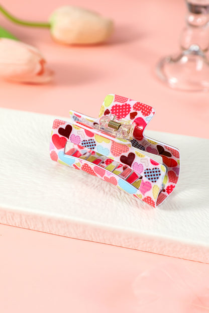 Racing Red Valentines Heart Print Hollow Out Square Hair Claw Clip