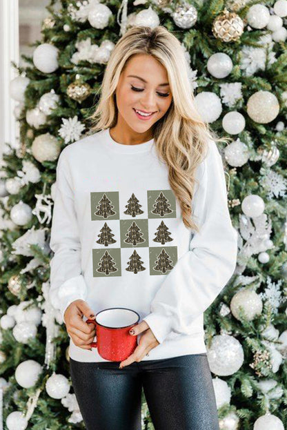 Beige Christmas Tree Checker Print Drop Shoulder Sweatshirt