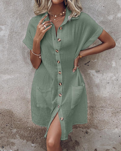 Buttoned Pocket Design Casual Shirt Dress