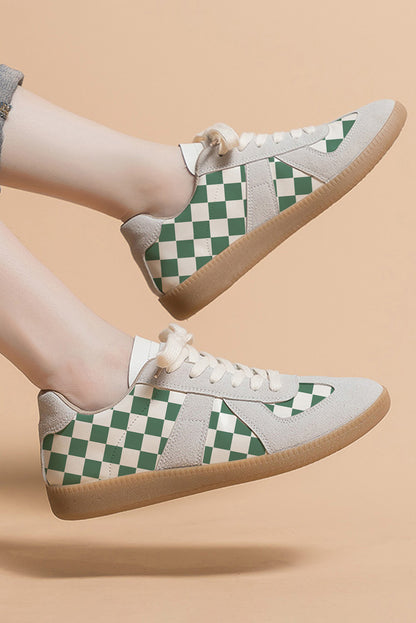 Sea Green Checkered PU Leather Lace-up Flat Shoes