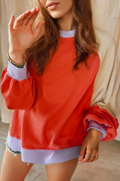 Orange Color Block Side Slits Raglan Sleeve Loose Fit Top