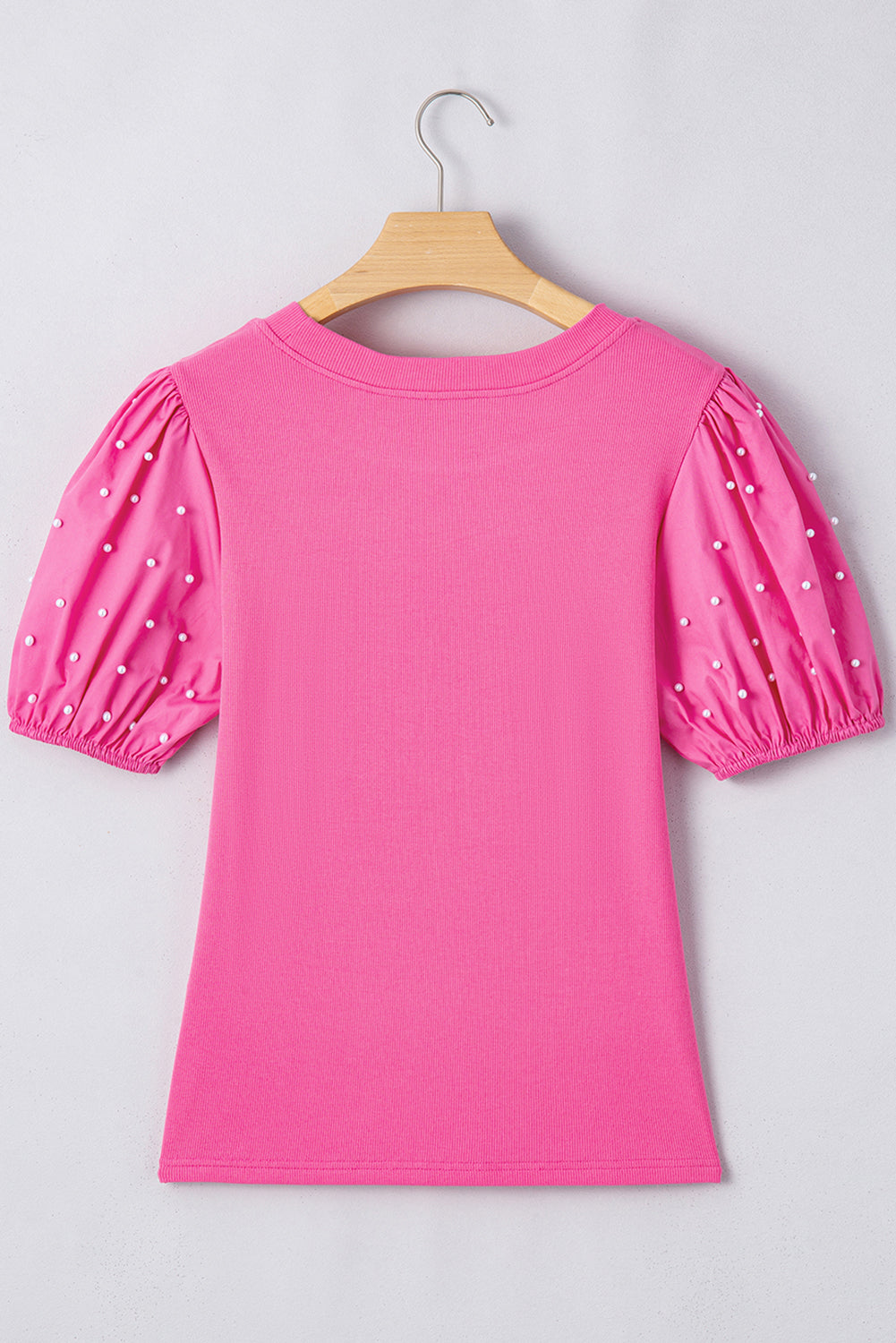 Bright Pink Ribbed Pearl Beaded Puff Sleeve Top