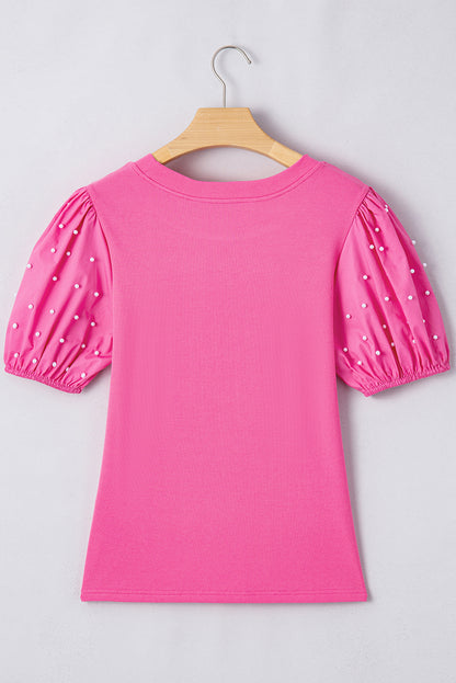 Bright Pink Ribbed Pearl Beaded Puff Sleeve Top